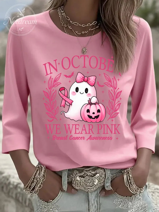 Women's In October We Wear Pink Three-Quarter Sleeve Round Neck T-Shirt