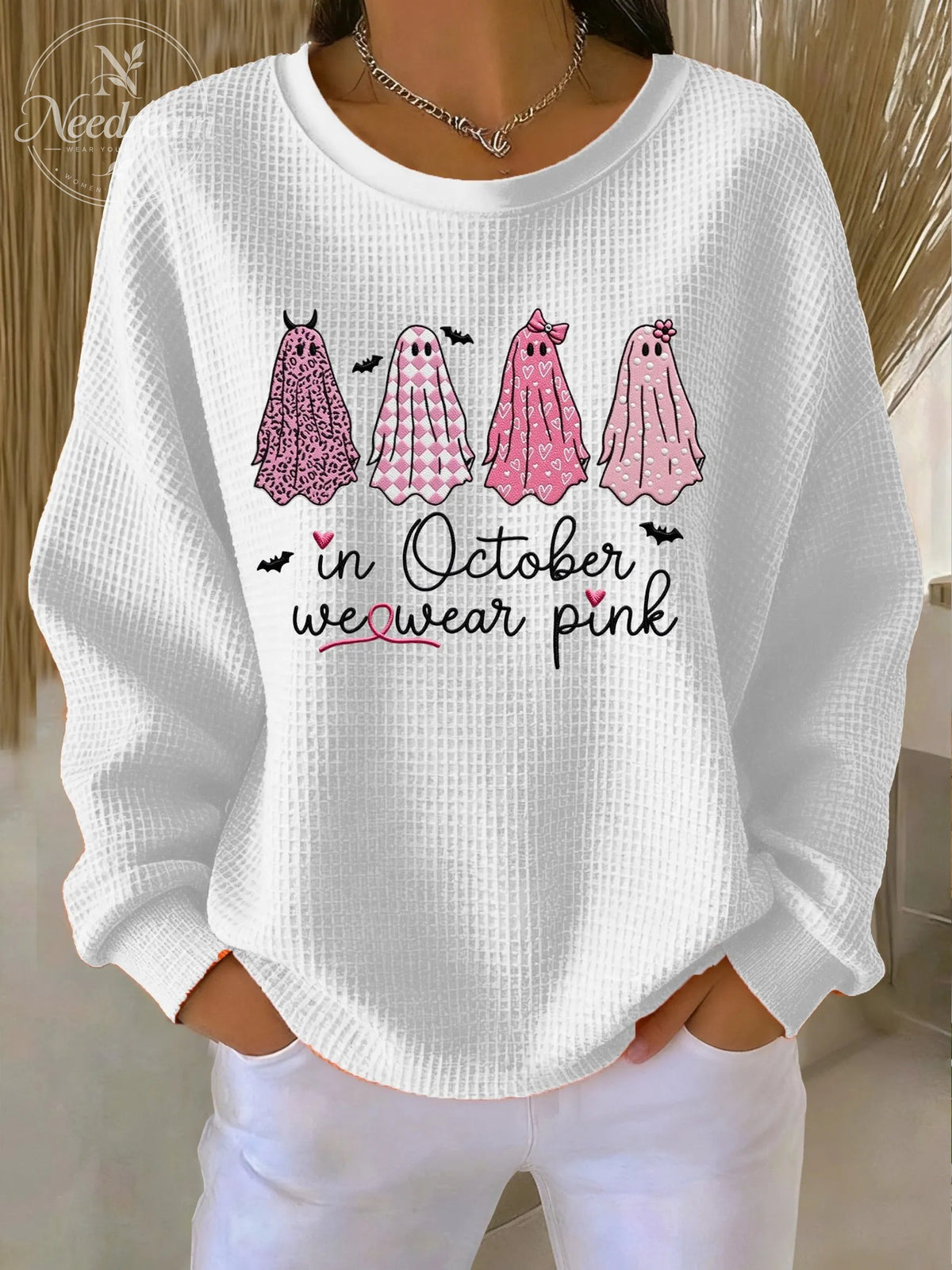 Women's Casual Pink Ghost Breast Cancer Waffle Multicolor Autumn and Winter Sweatshirt