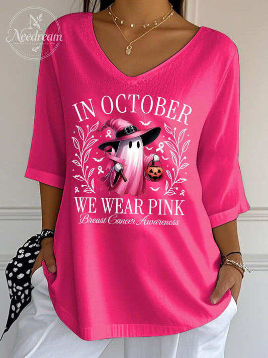 Women's Breast Cancer In October We Wear Pink Pattern  Print Wrinkle Top