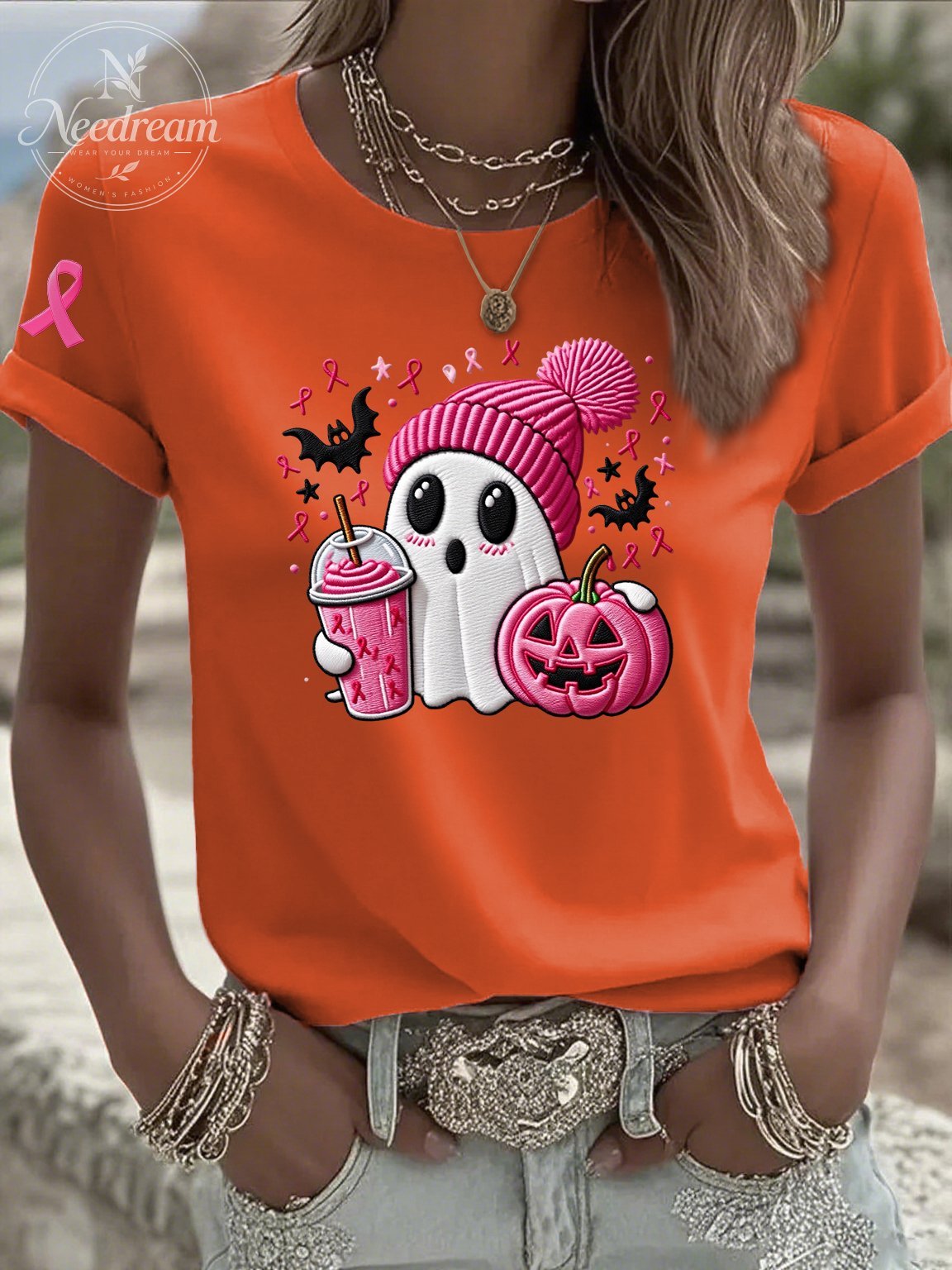 Women's Casual Pink Ghost T-Shirt