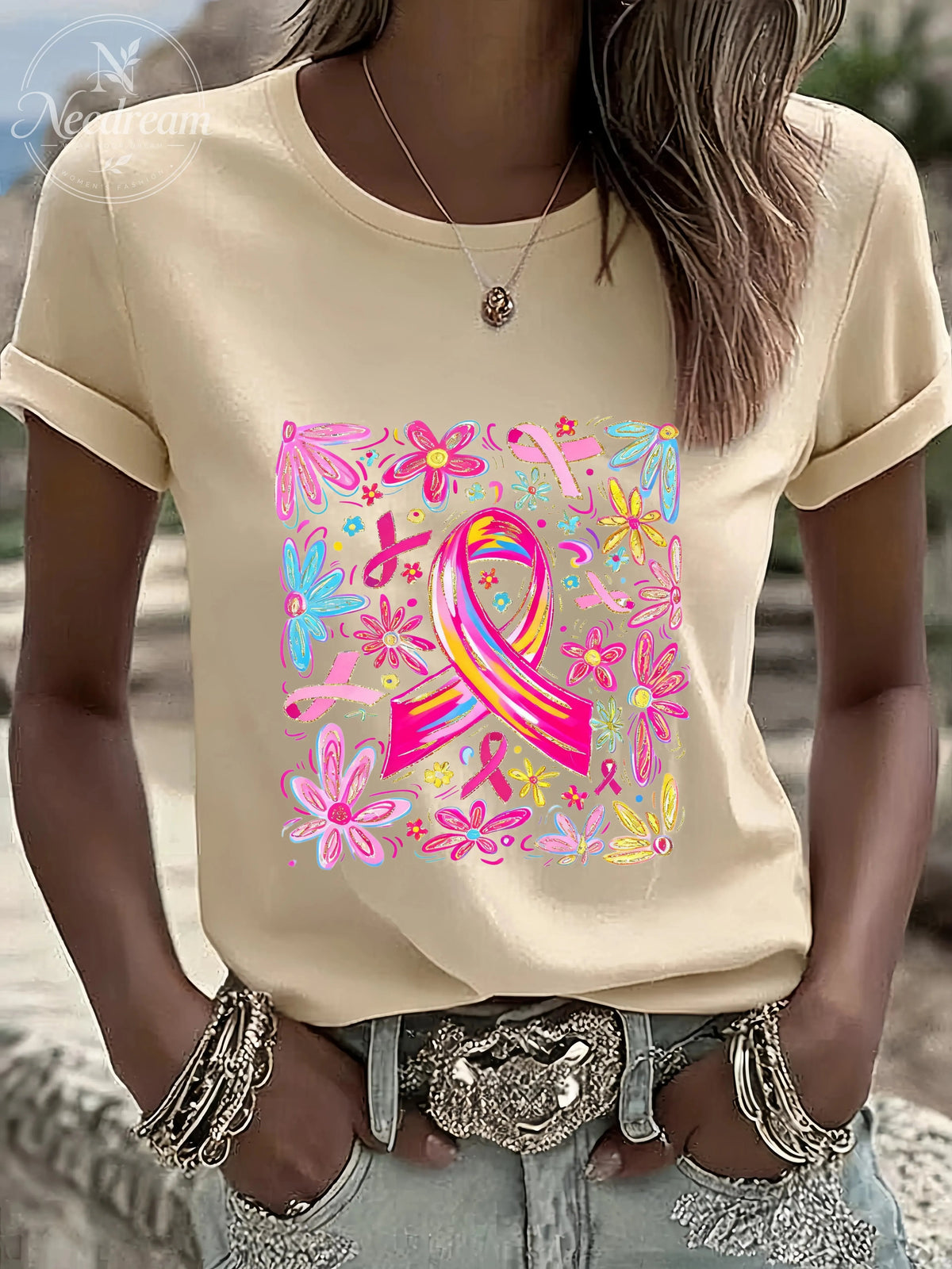 Women'S Comfort Colors Breast Cancer Awareness Casual Round Neck T-Shirt