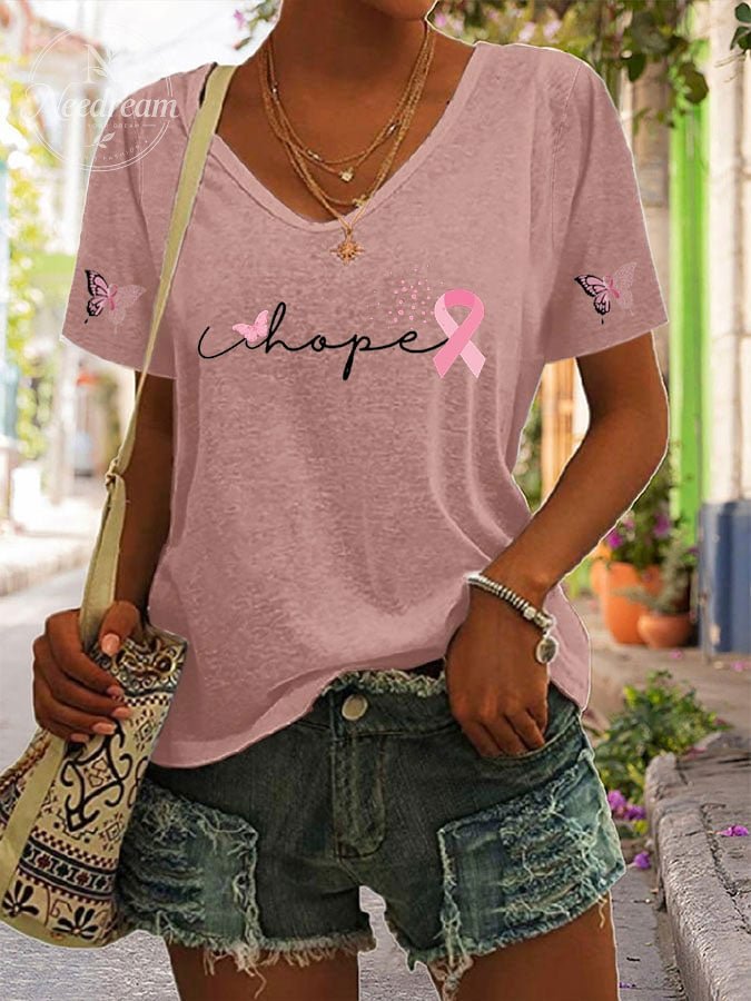 Women's Casual Fashion Breast Cancer Print T-Shirt