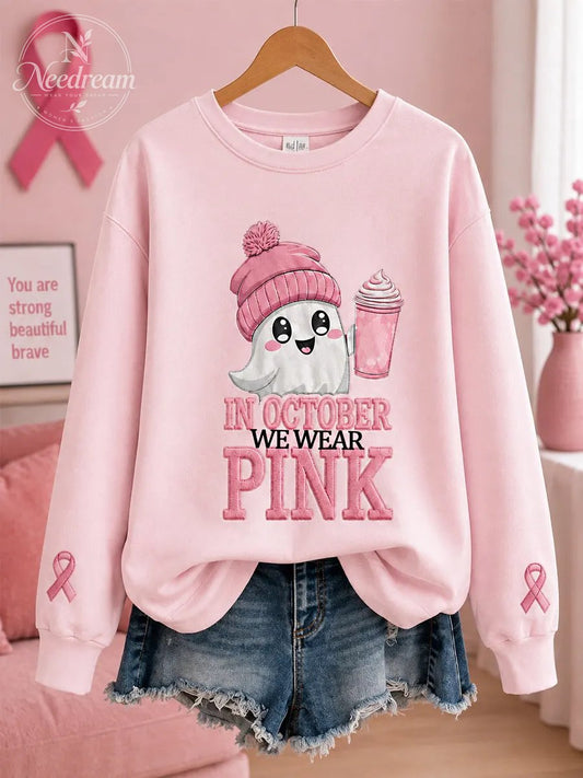 Women's In October We Wear Pink Halloween Pink Ghost Print Breast Cancer Awareness Support Sweatshirt