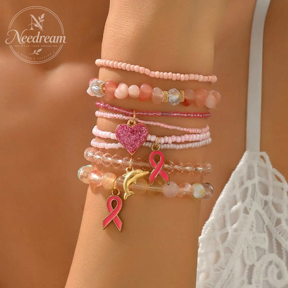 Crystal Multi-Layer Contrasting Pink Ribbon Bracelet