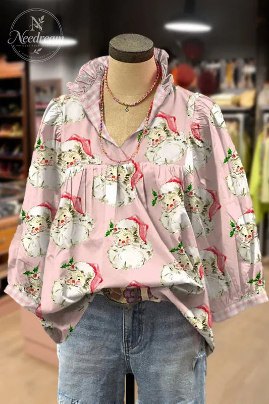 Christmas Santa Print Ruffle V-Neck Blouse