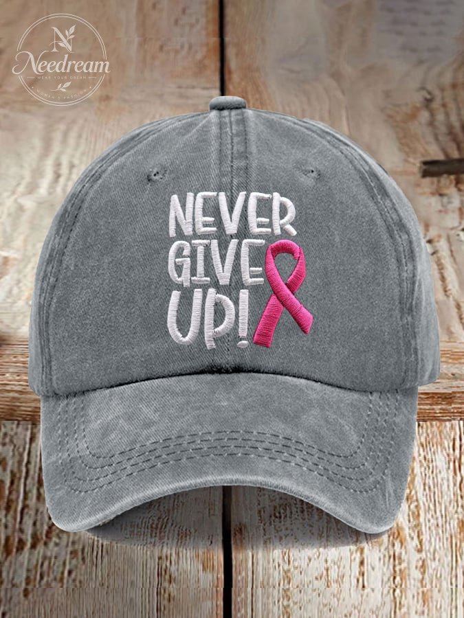 Never Give Up Pink Ribbon Breast Cancer Awareness Print Baseball Cap
