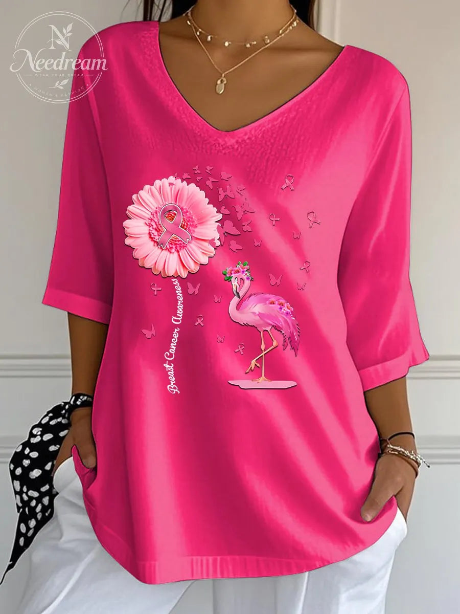 Women's Breast Cancer Pattern Print Wrinkle Top