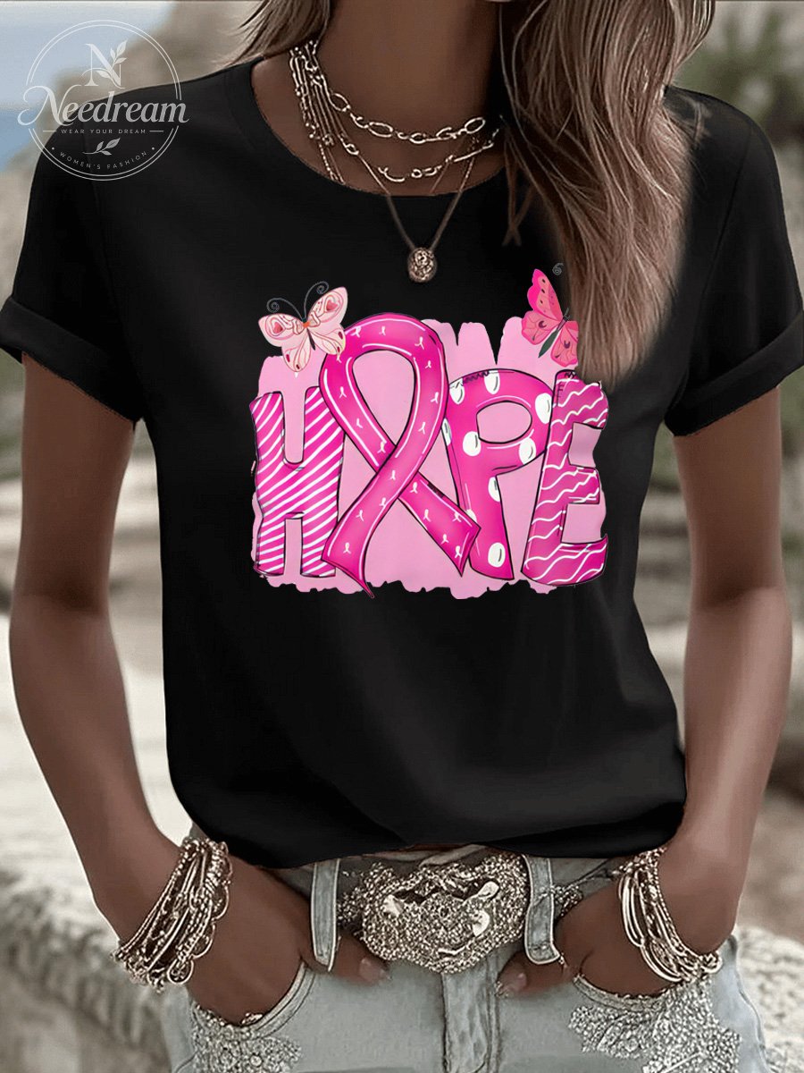 Women'S  Breast Cancer Hope And Butterfly Pattern Print Casual T-Shirt
