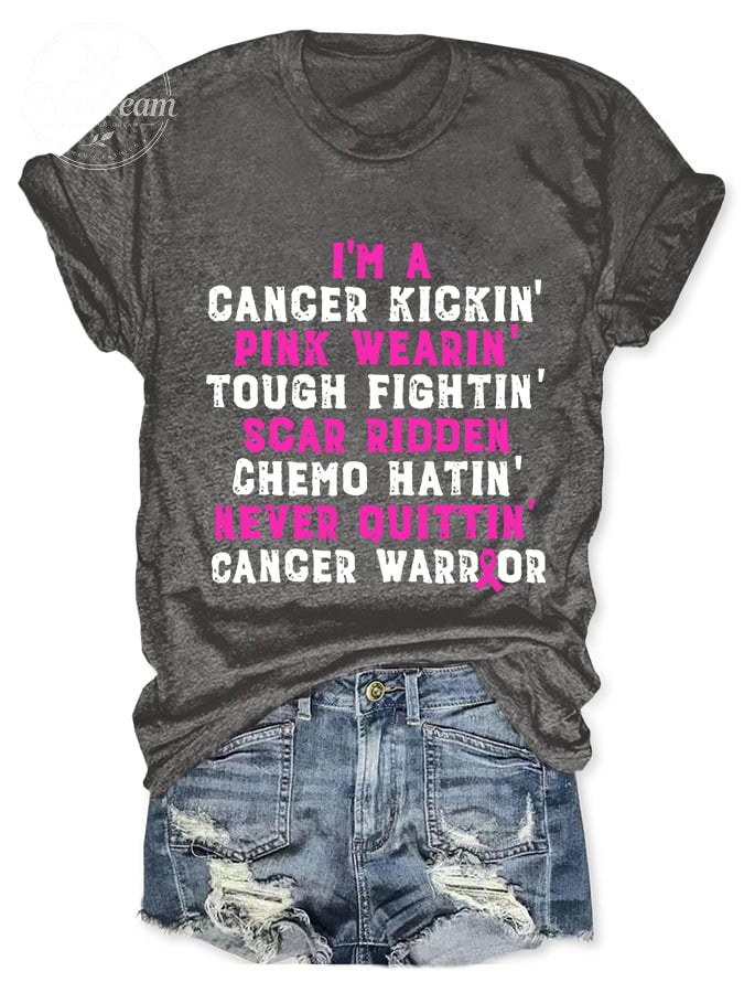 Breast Cancer Awareness Cancer Kickin' Chemo Hatin' Warrior Print T-Shirt