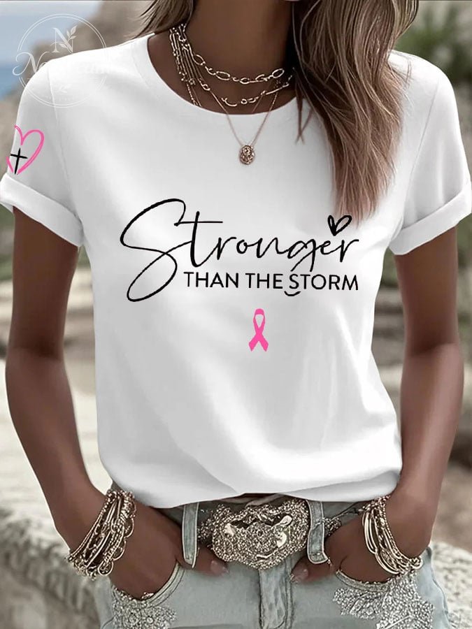 Women's Breast Cancer Christian Stronger Than The Storm Print Casual T-shirt