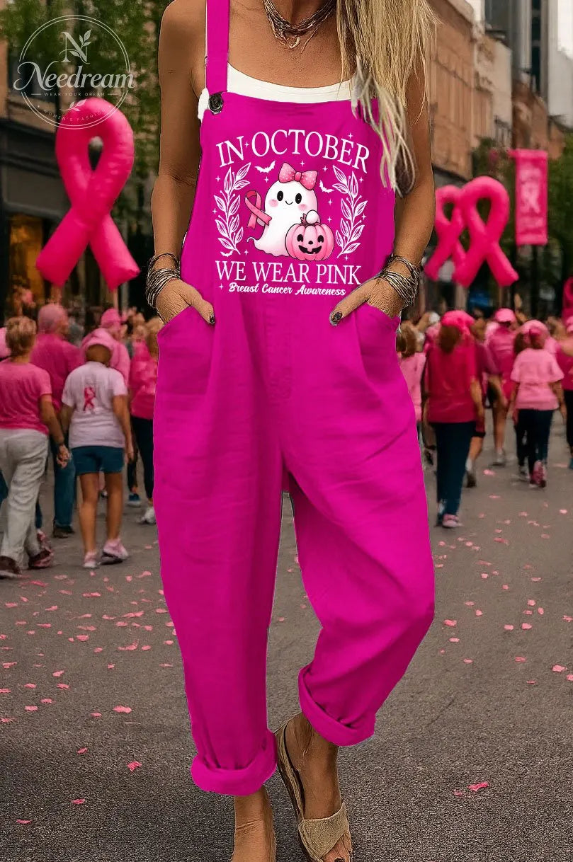 Women's  In Pink October We Wear Pink  Pattern Print  Casual Cotton Pocket Jumpsuit