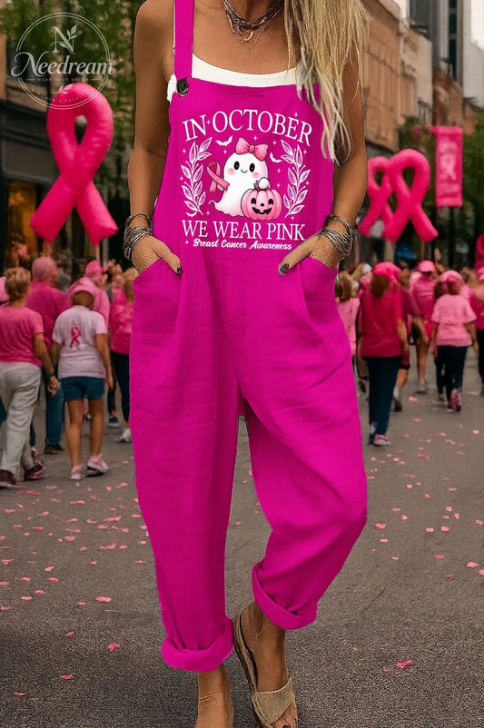Women's  In Pink October We Wear Pink  Pattern Print  Casual Cotton Pocket Jumpsuit