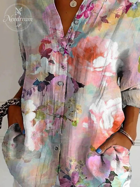 Women's Lovely Floral Breast Cancer Awareness Art Print Casual Cotton Shirt