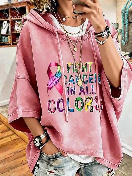 Women'S Fight Cancer In All Colors  Distressed Washed Oversized Hoodie