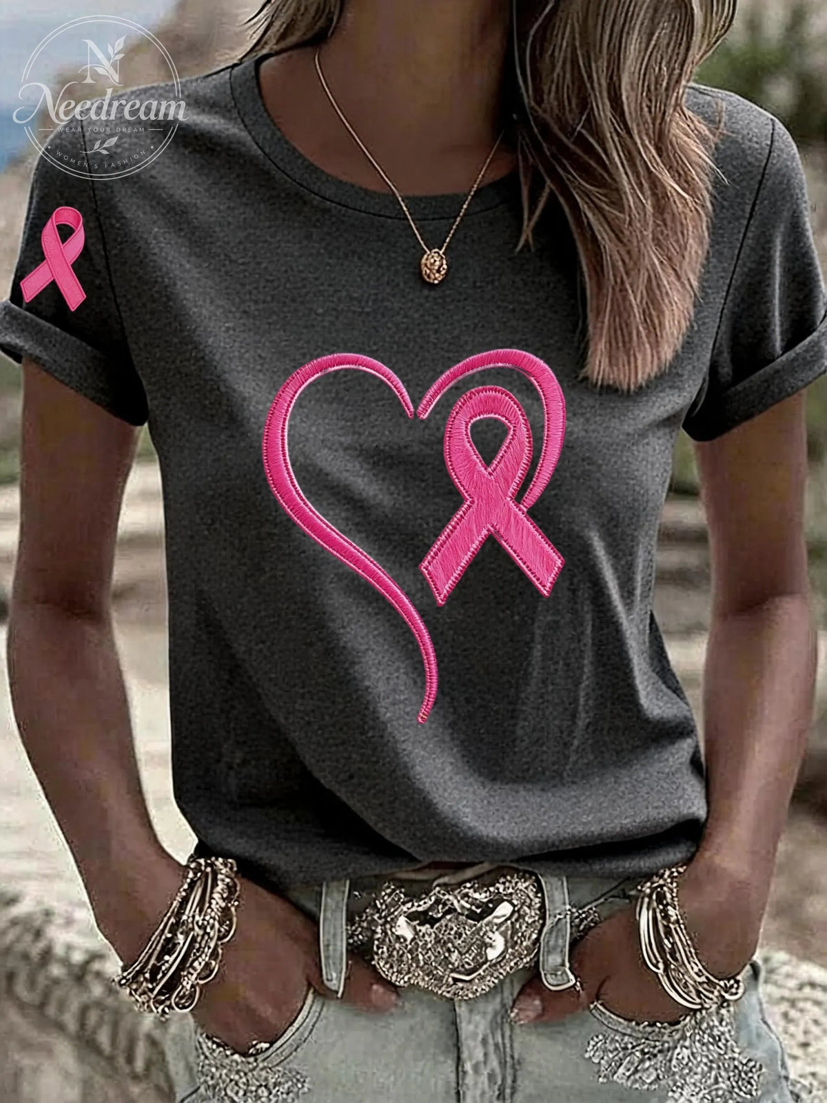 Women'S Breast Cancer Awareness Heart Ribbon Round Neck 100% Cotton T-Shirt