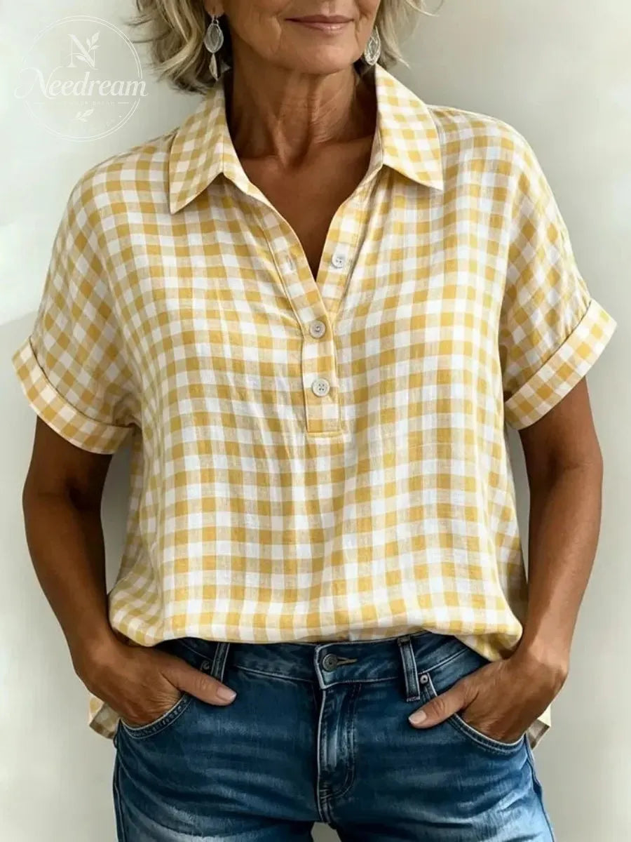 Women's Classic Plaid Cotton-Linen V-Neck Button-Front Shirt