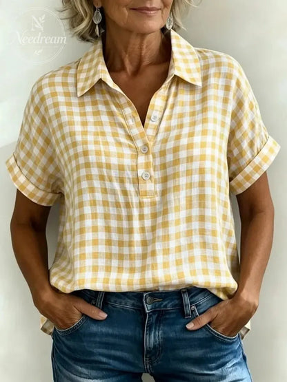Women's Classic Plaid Cotton-Linen V-Neck Button-Front Shirt
