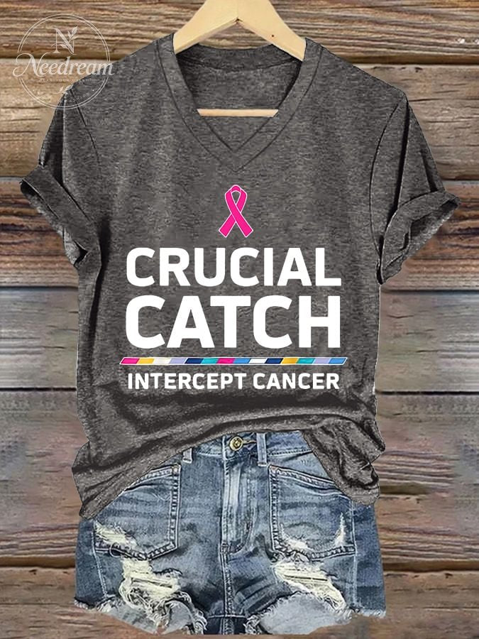 V-neck Retro Breast Cancer Awareness Crucial Catch Intercept Cancer Print T-Shirt