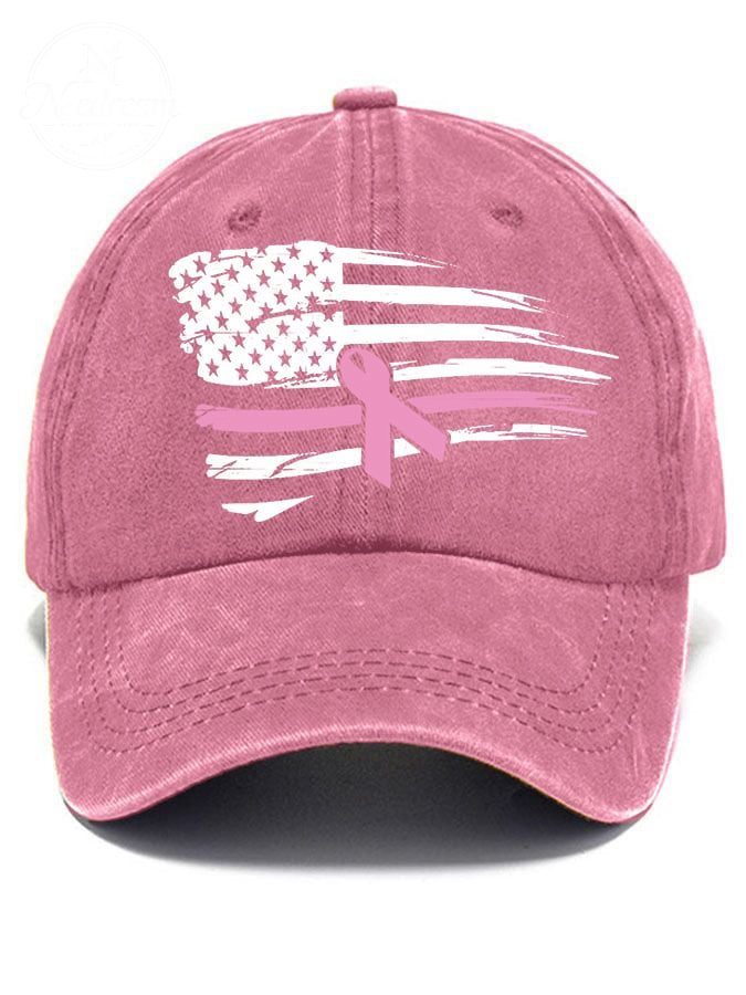 Women's Pink Ribbon American Flag Breast Cancer Awareness Warrior Hat