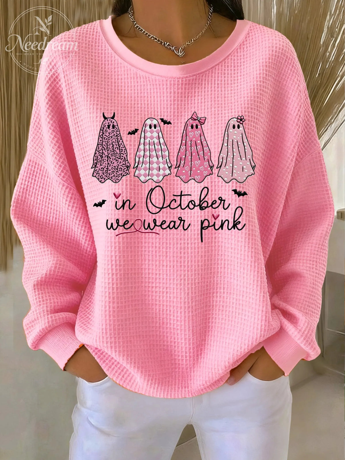 Women's Casual Pink Ghost Breast Cancer Waffle Multicolor Autumn and Winter Sweatshirt