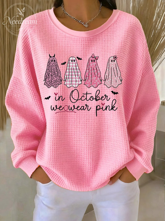 Women's Casual Pink Ghost Breast Cancer Waffle Multicolor Autumn and Winter Sweatshirt