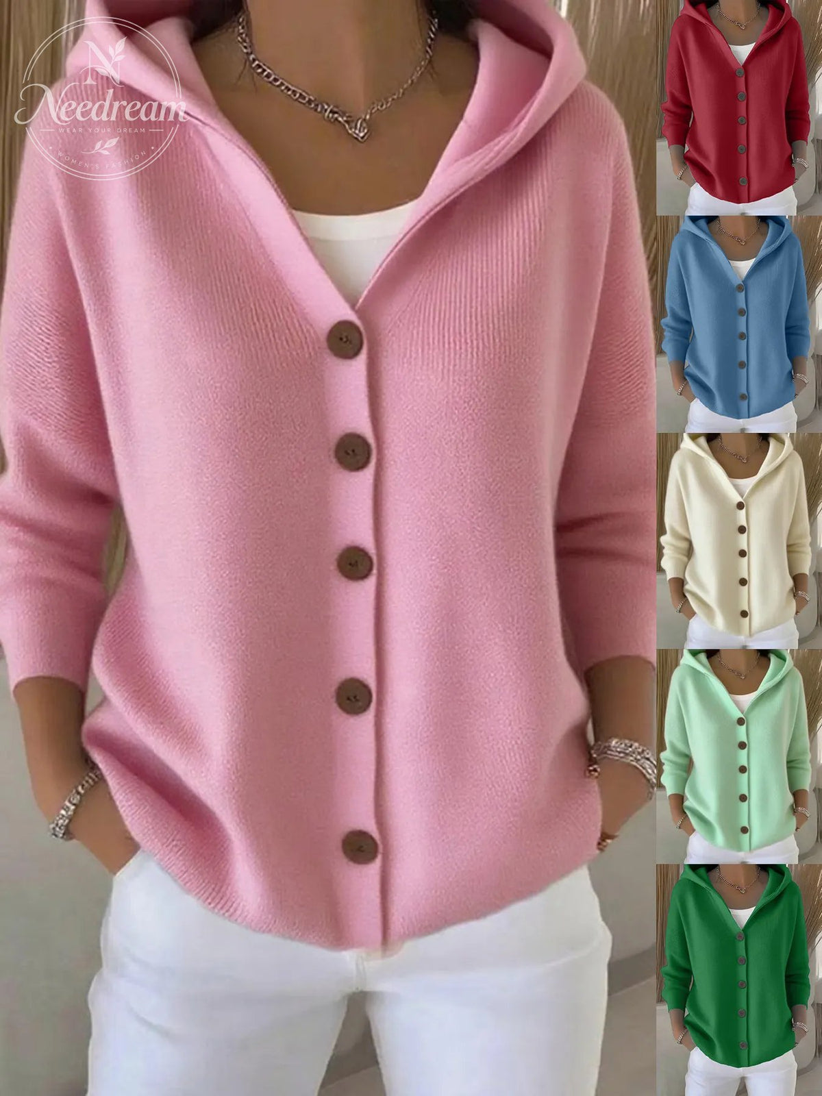Solid Button Detailed Hoodie Sweater