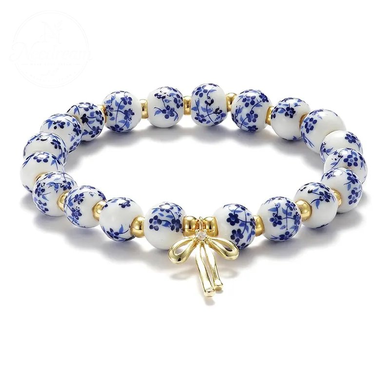 Diamond Studded Bow, Blue Blue Blue And White Porcelain Floral Bead Bracelet
