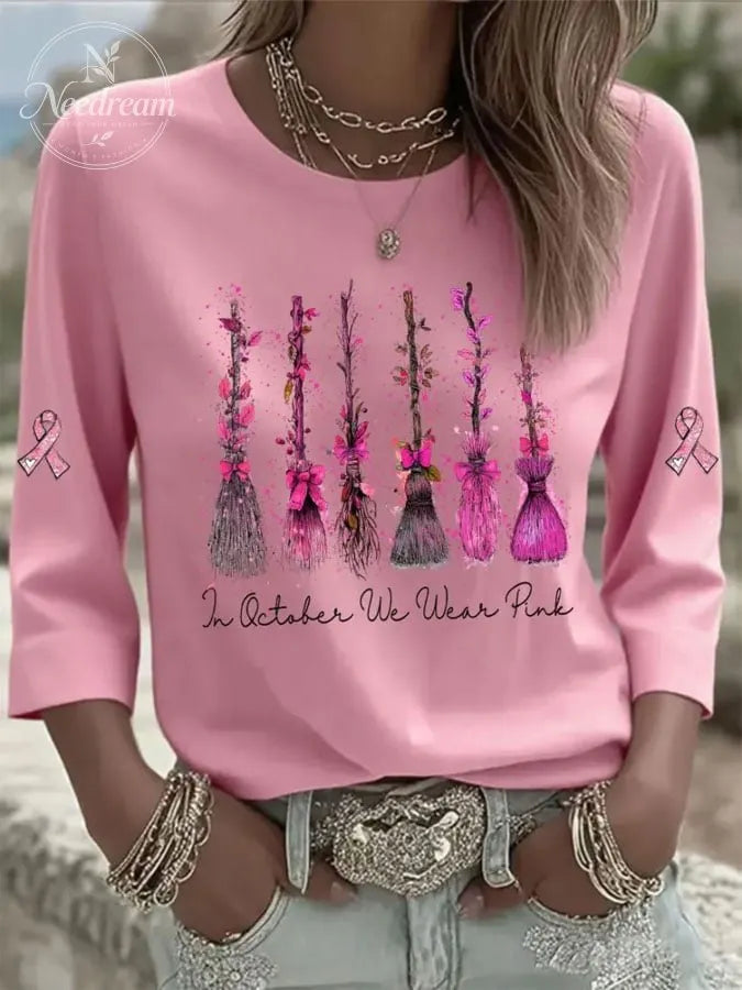 Women's Casual Breast Cancer Print Three-Quarter Sleeve T-Shirt