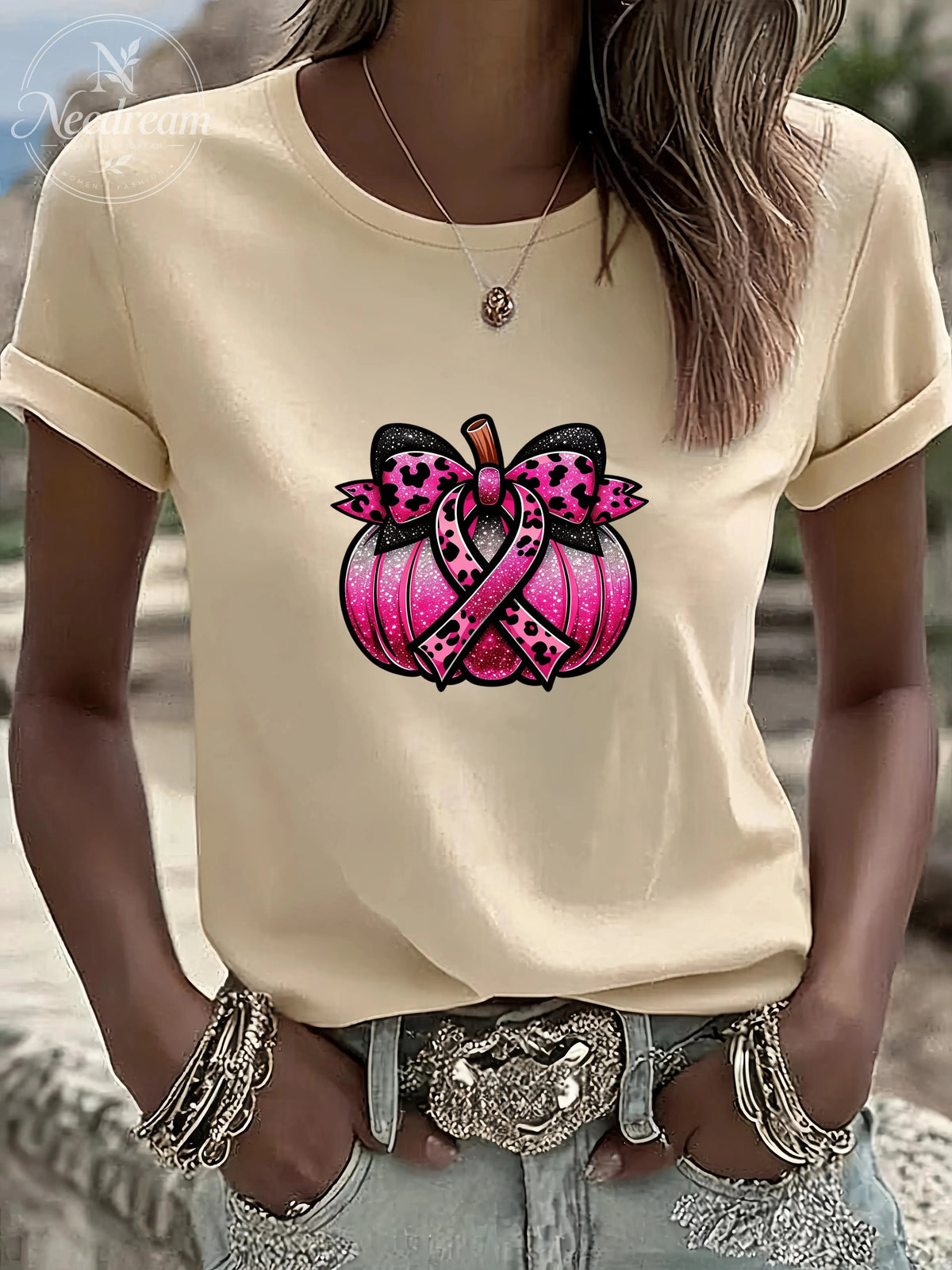 Women'S Breast Cancer Ribbon Pumpkin Casual Round Neck T-Shirt