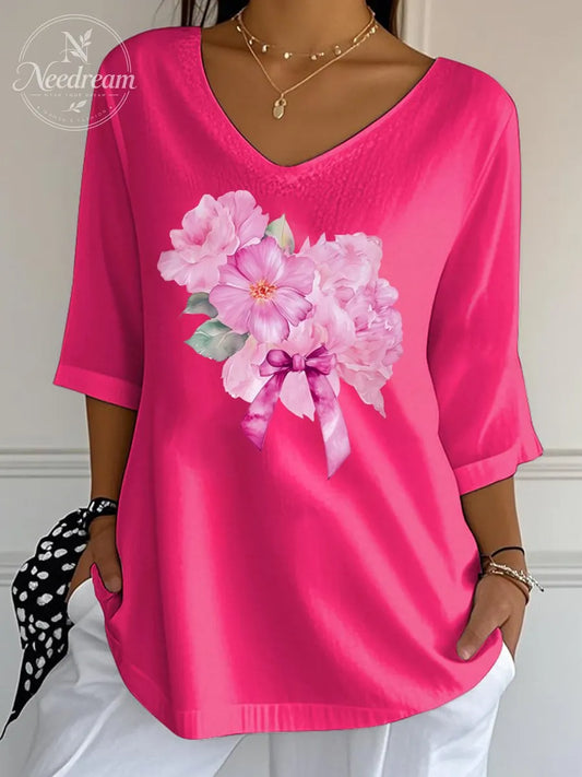 Women's Breast Cancer Flower Wrinkle Top