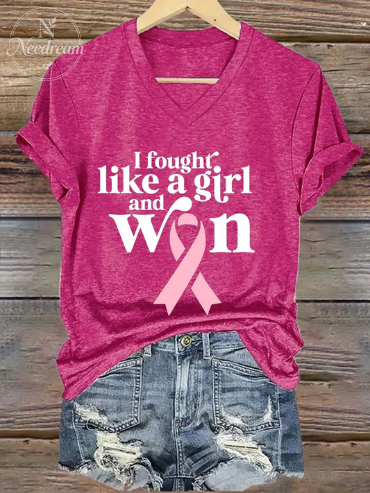 Women's Breast Cancer Awareness Print V-Neck T-Shirt