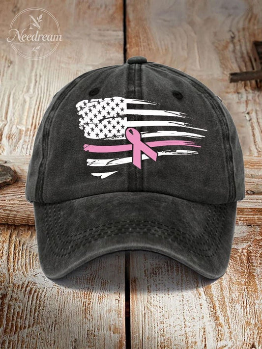 Women's Pink Ribbon American Flag Breast Cancer Awareness Warrior Hat