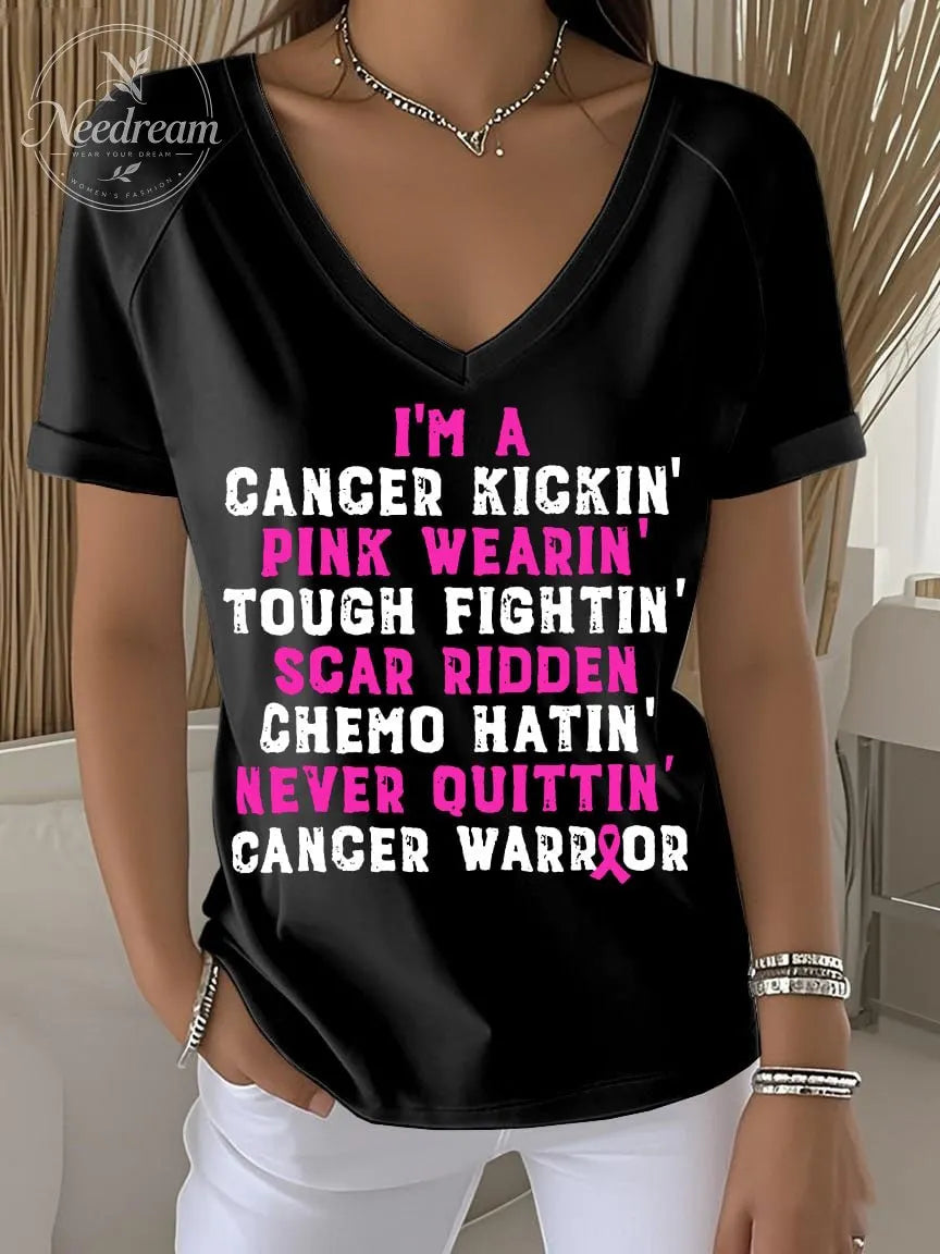 Women's Retro Breast Cancer Awareness Cancer Kickin' Chemo Hat In' Warrior Printed Raglan V-Neck T-Shirt