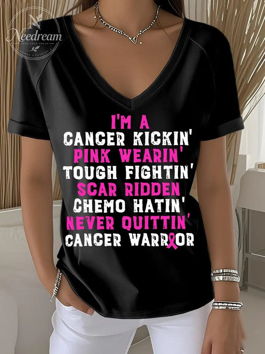 Women's Retro Breast Cancer Awareness Cancer Kickin' Chemo Hat In' Warrior Printed Raglan V-Neck T-Shirt