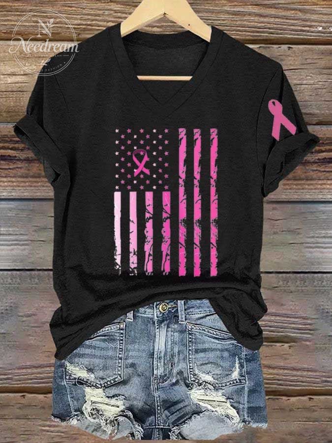 Women's Breast Cancer Awareness Flag Print Casual T-Shirt