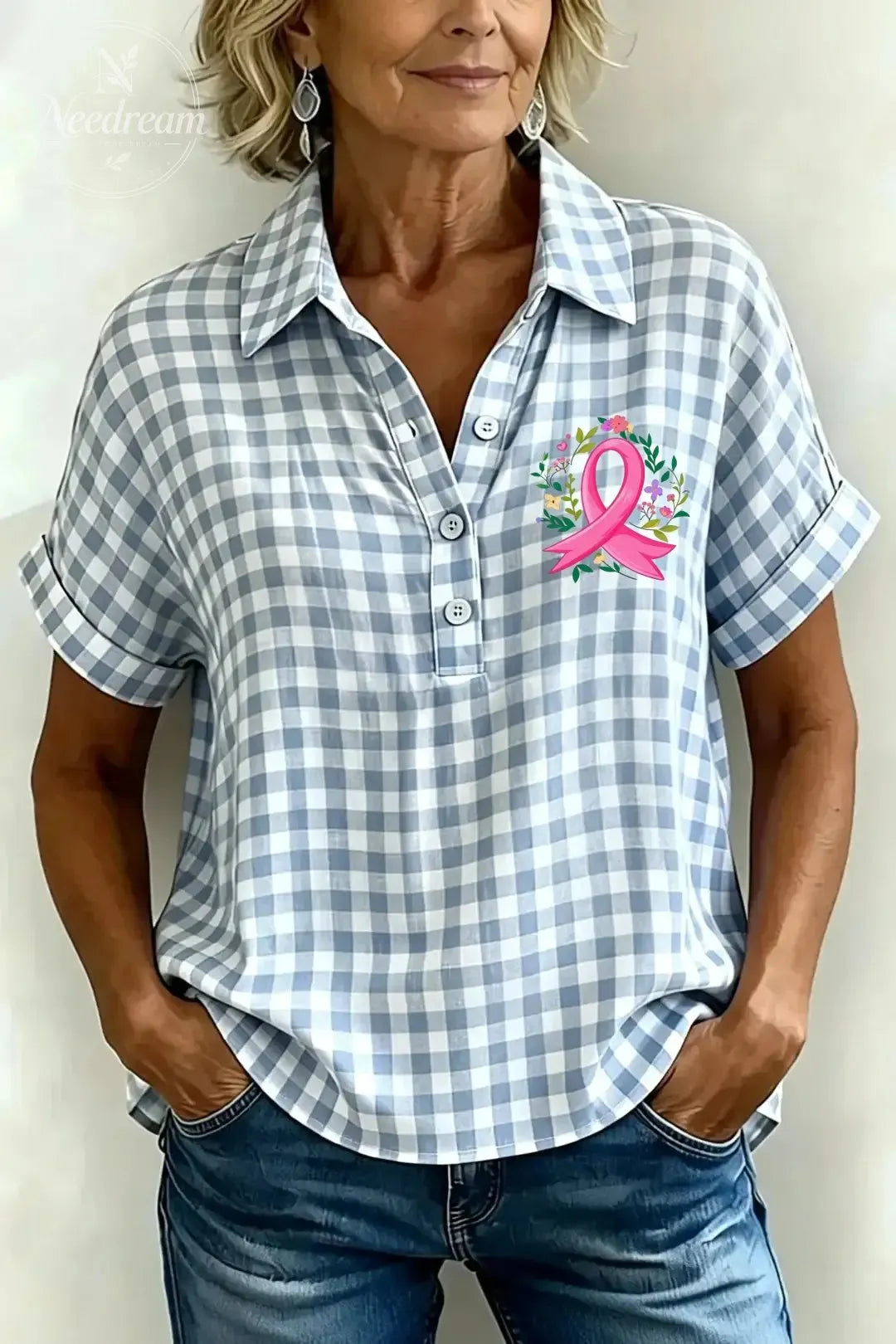 Women's Classic Plaid Cotton-Linen V-Neck Button-Front Shirt