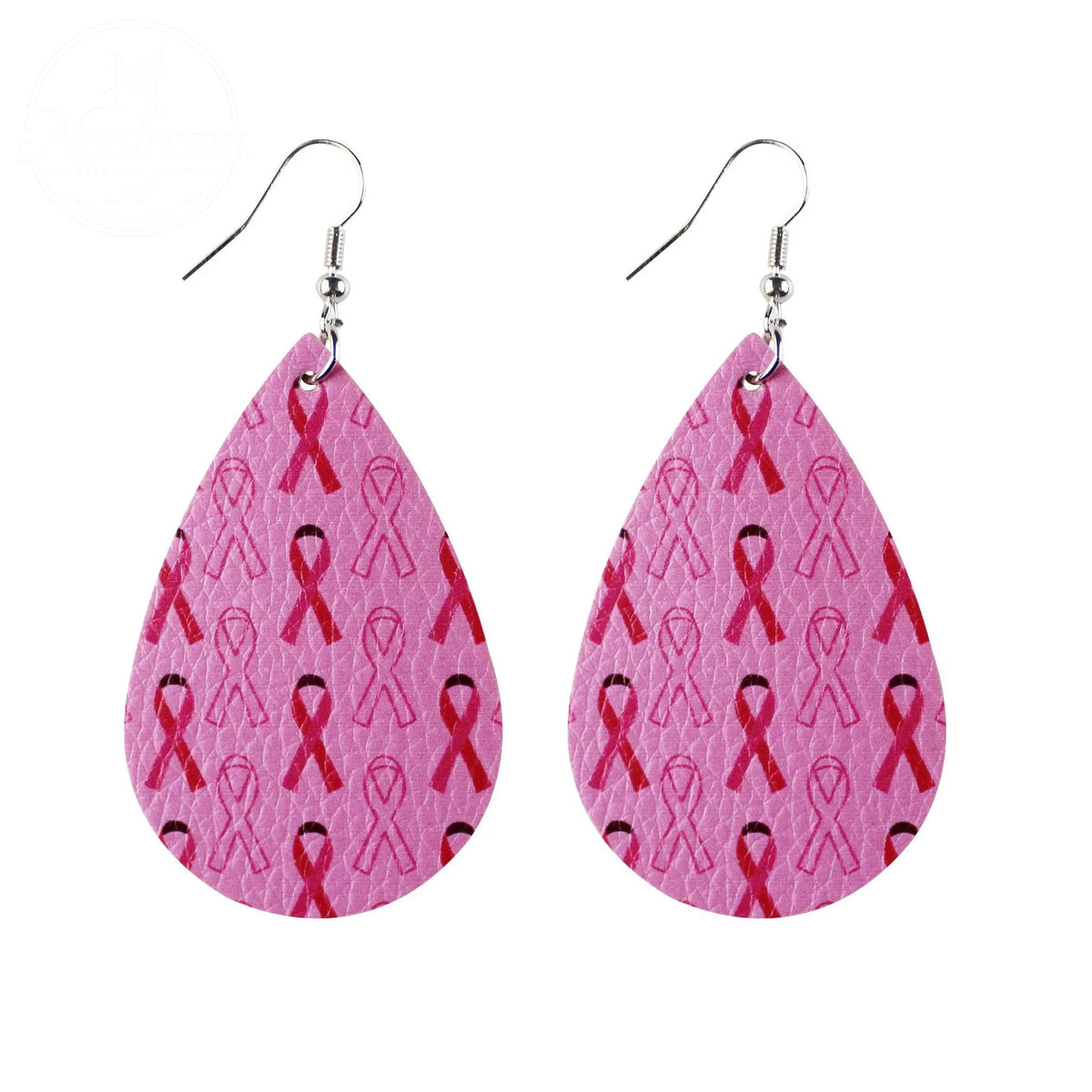 Pink Ribbon Artificial Leather Water Droplet Earrings
