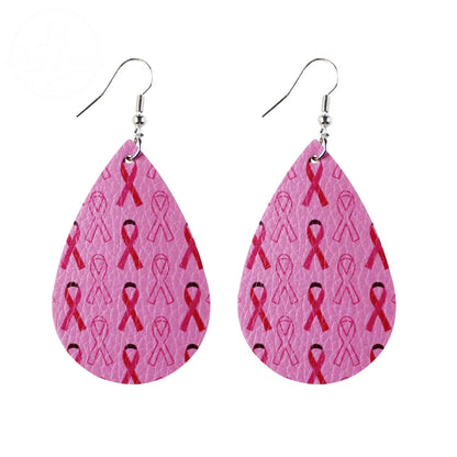 Pink Ribbon Artificial Leather Water Droplet Earrings