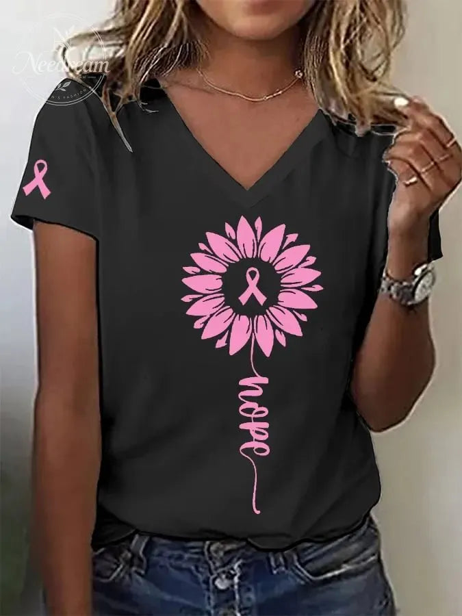 Women's Pink Ribbon Sunflower Hope Breast Cancer Awareness Warrior Tee