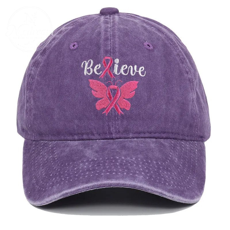 Pink October Breast Love Believe Pattern Embroidered Washed Unisex Baseball Hats
