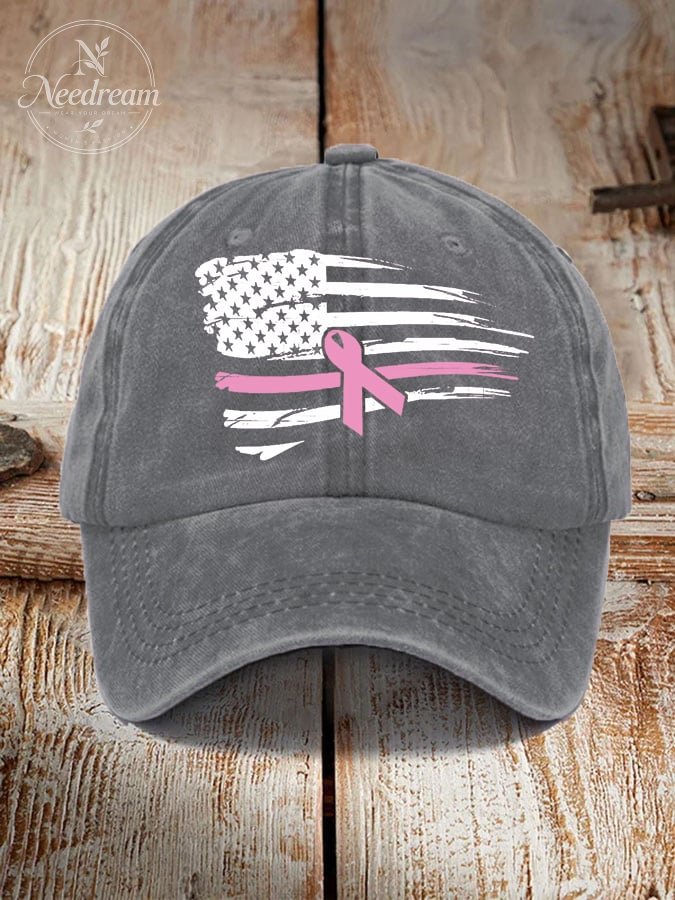 Women's Pink Ribbon American Flag Breast Cancer Awareness Warrior Hat
