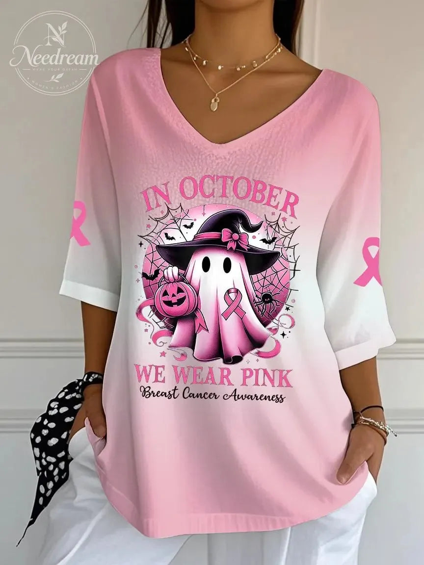Women's Breast Cancer Ghost Print Casual V-Neck T-Shirt