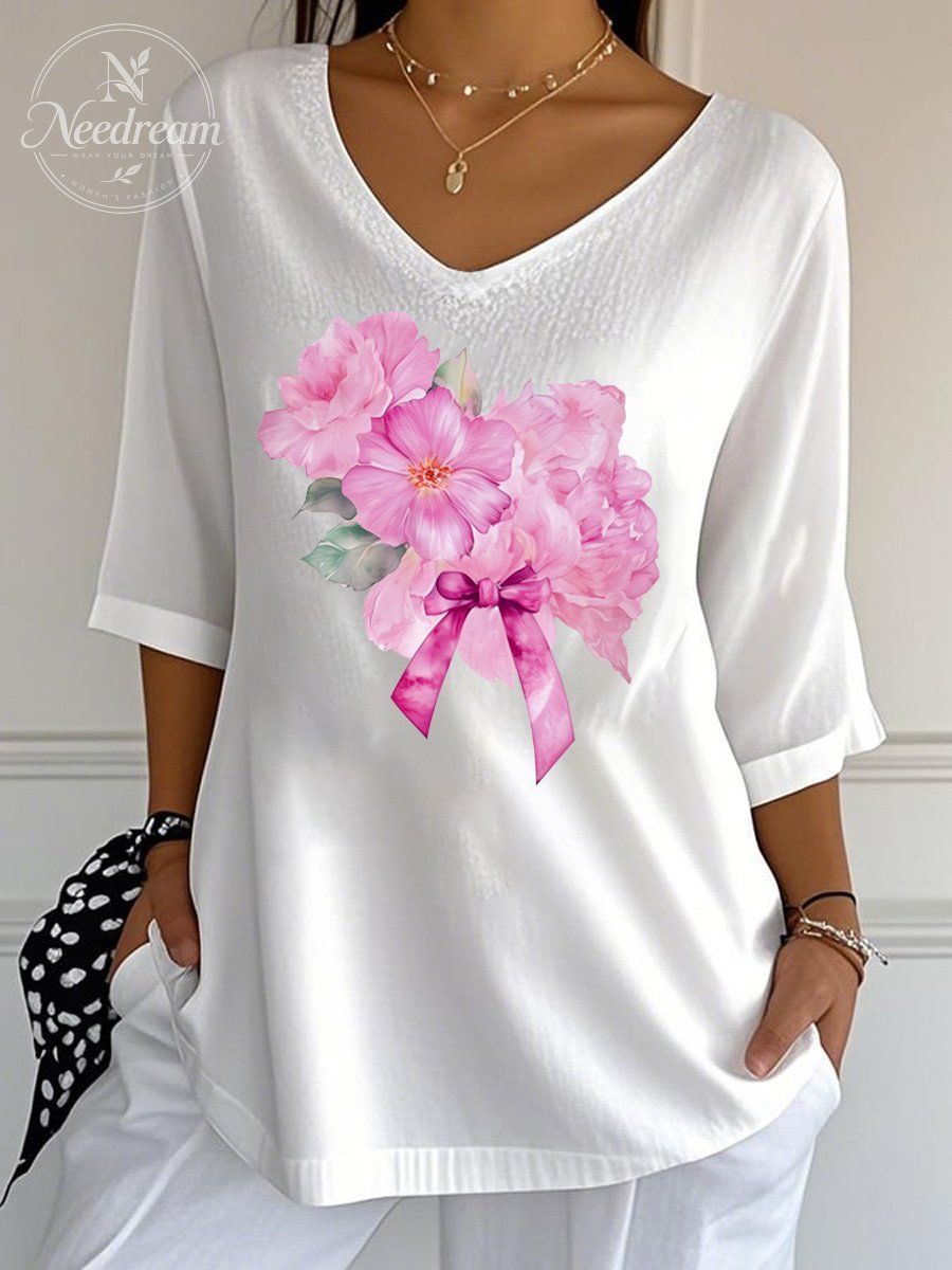 Women's Breast Cancer Flower Wrinkle Top