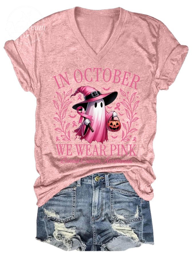 Women's In October We Wear Pink Halloween Ghost Breast Cancer Awareness Warrior V-Neck Tee