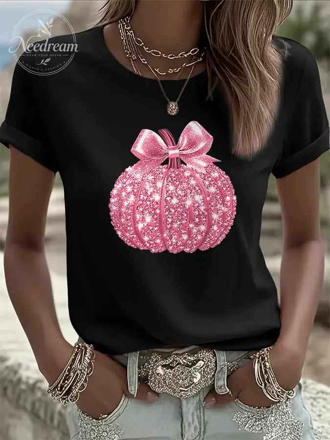 Women's Breast Cancer Sequined Pumpkin Print Casual T-shirt