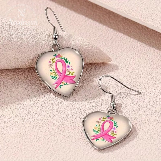 Pink Ribbon Heart-Shaped Earrings For Breast Cancer Awareness & Feminine Love