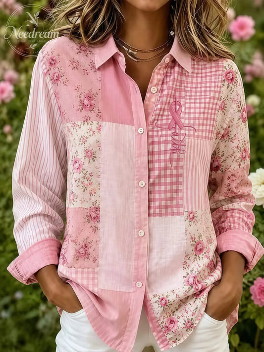 Women's Casual Vintage Pink Plaid Patchwork Print Shirt