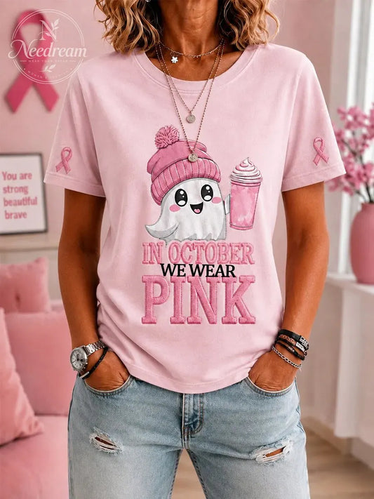 Women's In October We Wear Pink Halloween Pink Ghost Print Breast Cancer Awareness Support Tee