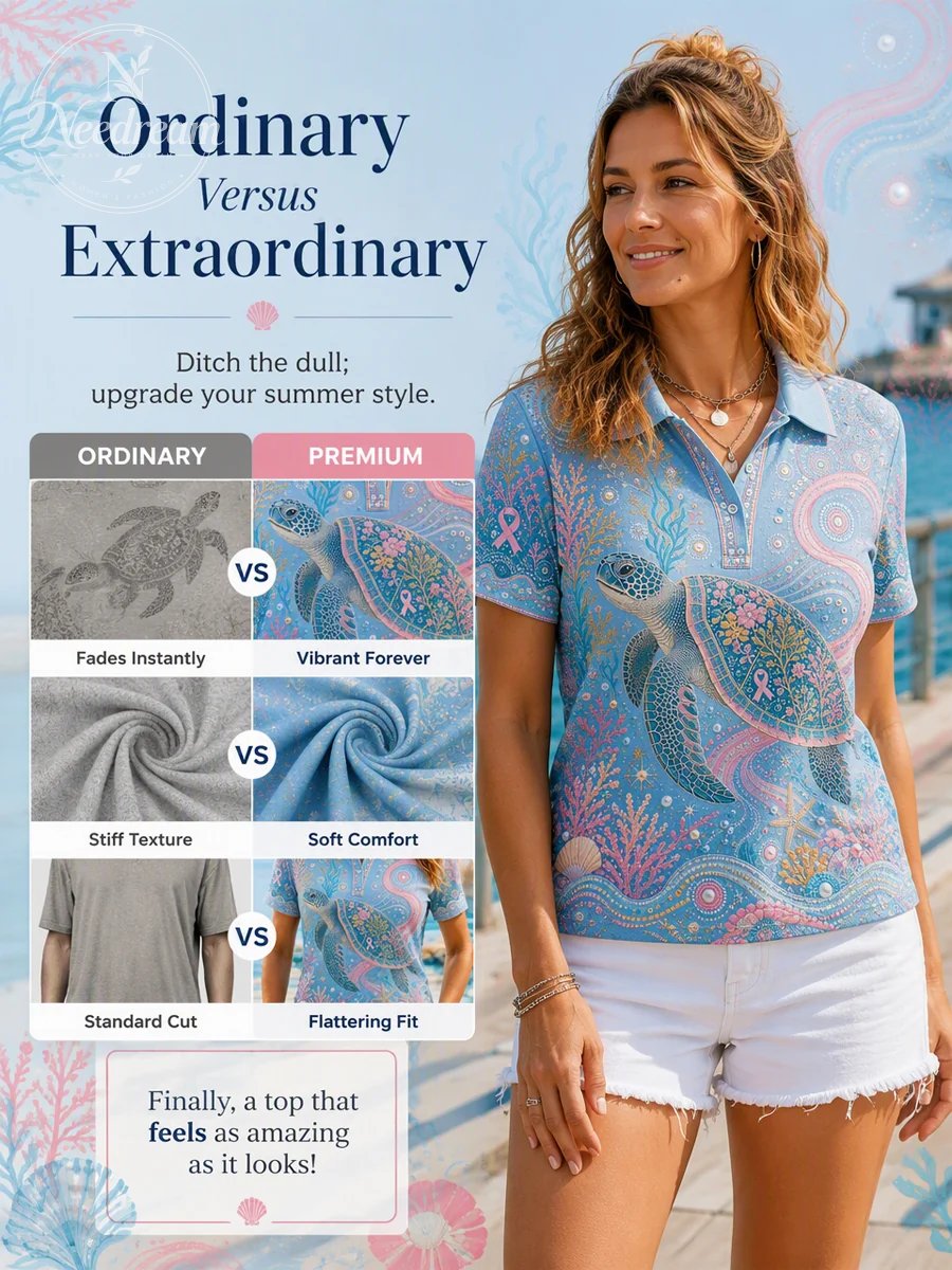 Women's Classic Polo Tee with Breast Cancer Ribbon – Flattering Fit & Everyday Style