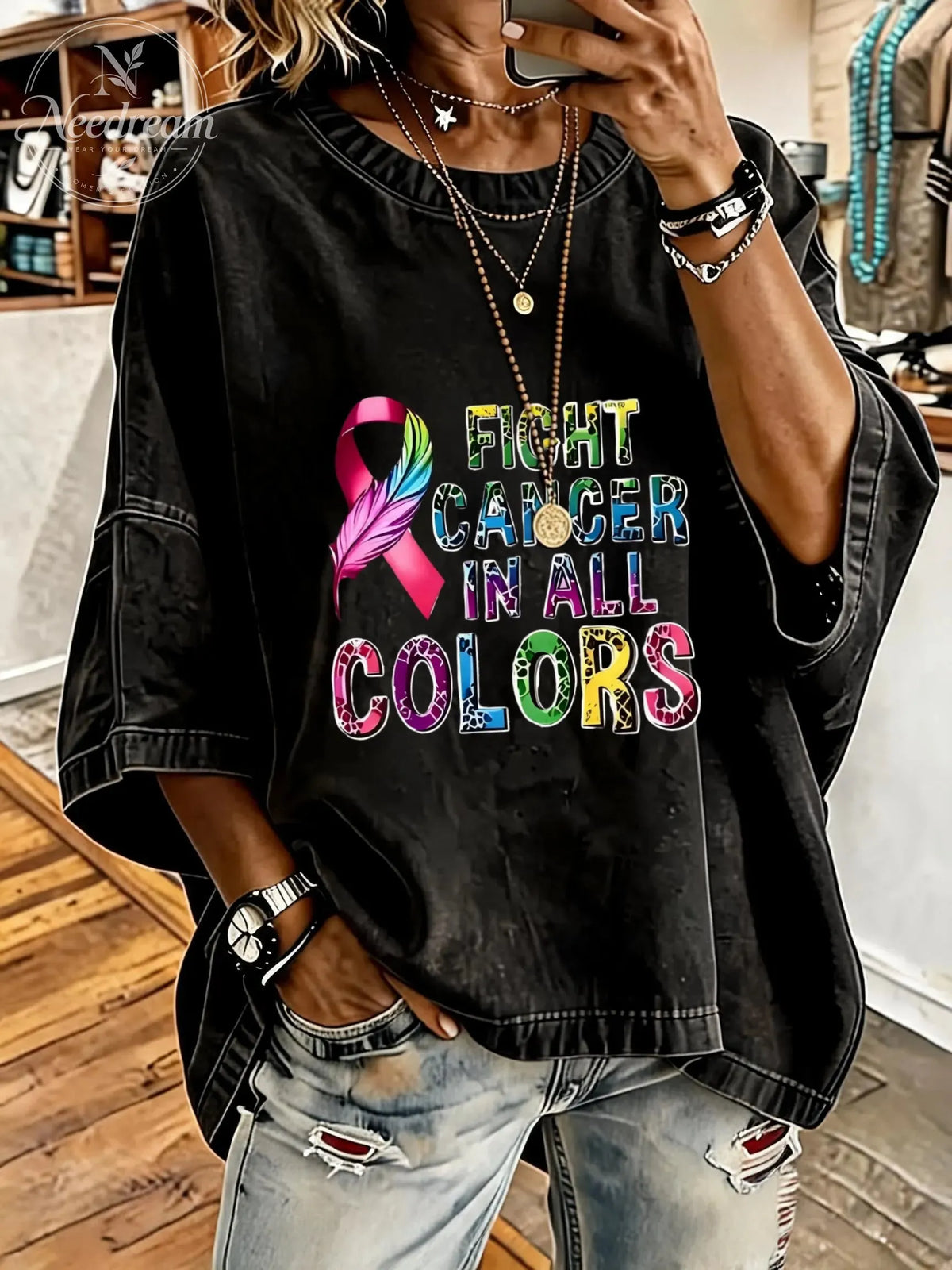 Women'S Fight Cancer In All Colors Distressed Washed Oversized T-Shirt